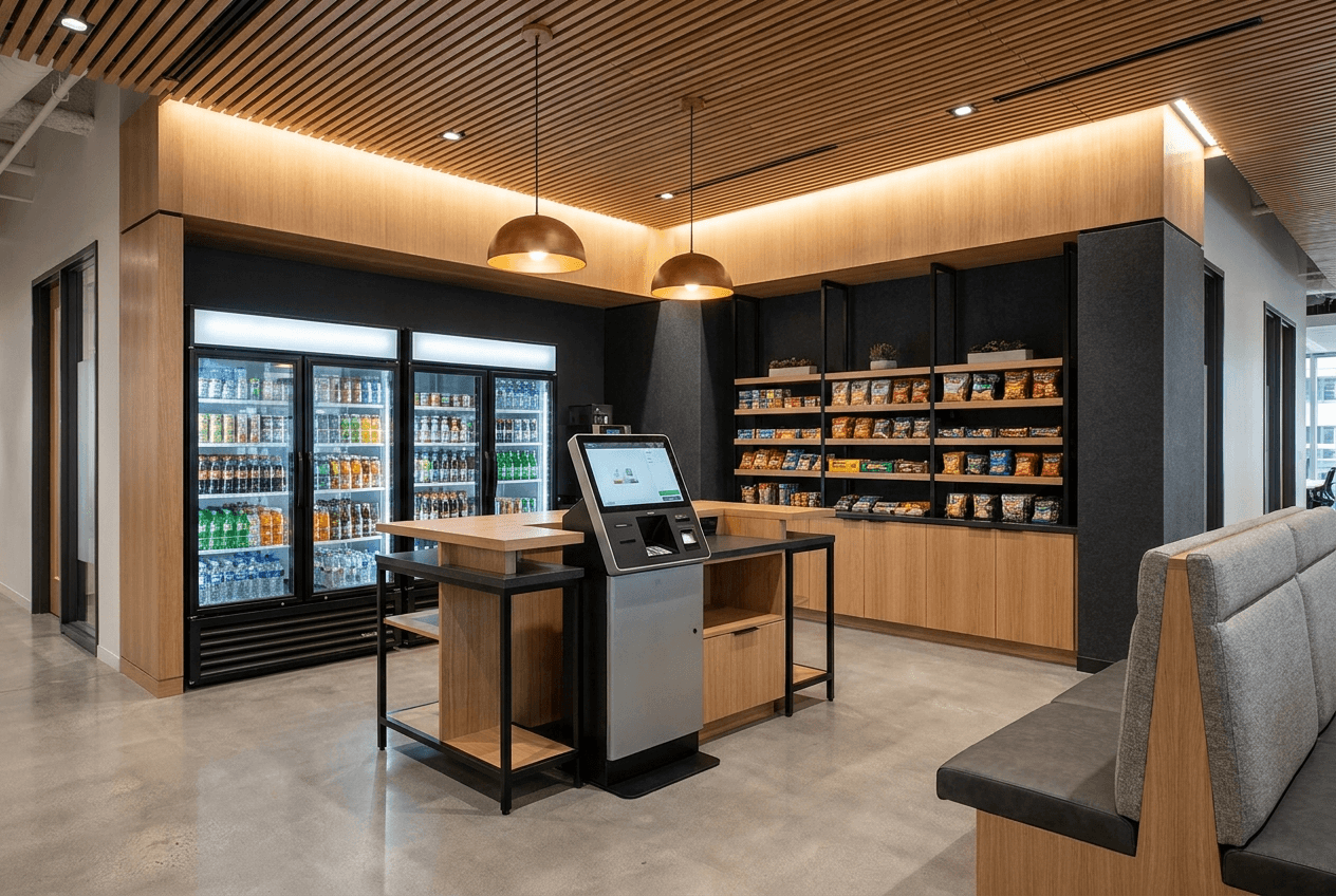 An office micro-market with coolers, shelving and a self-checkout kiosk.